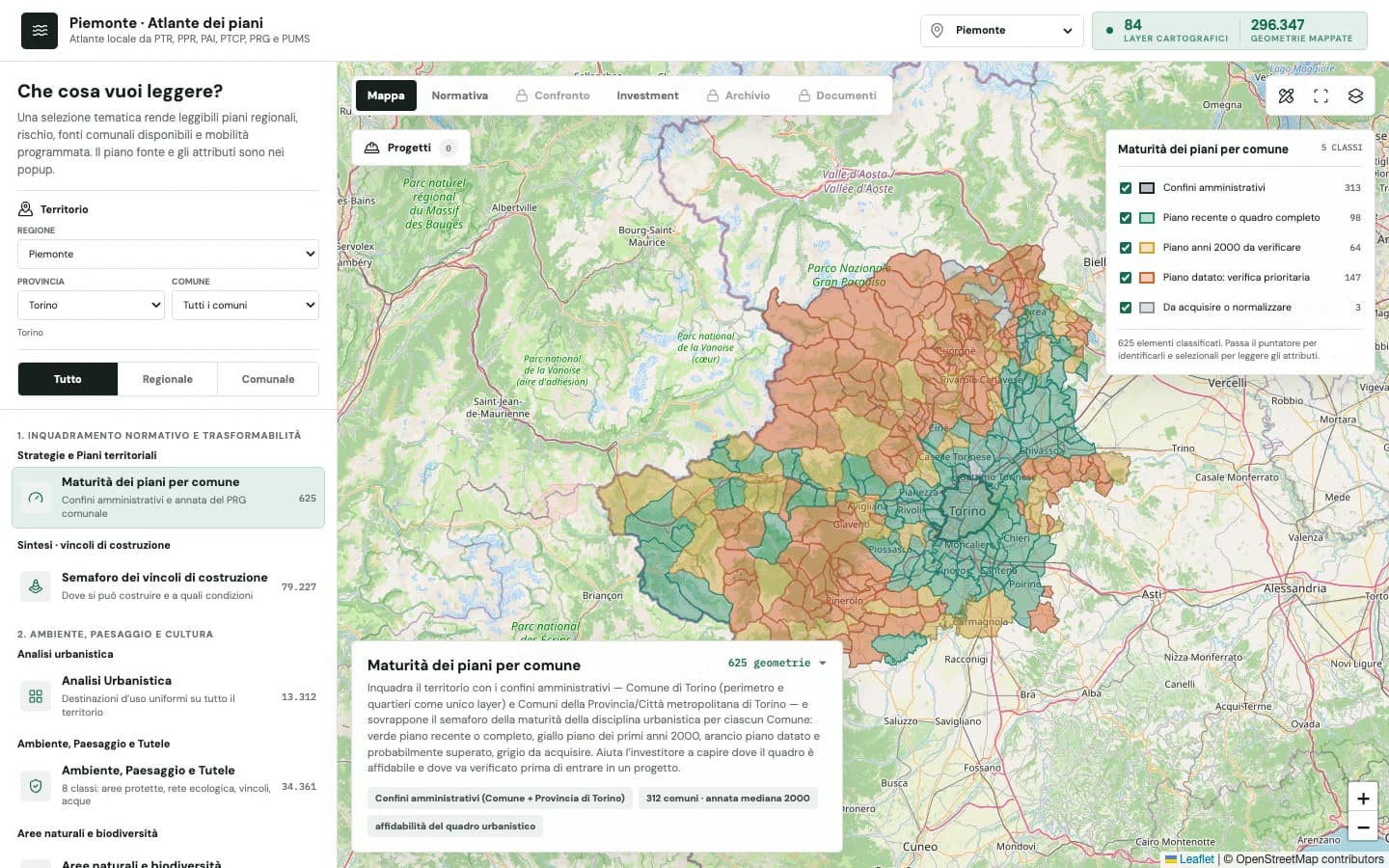 Atlante dei piani: mappa dei comuni piemontesi e maturità dei piani regolatori.
